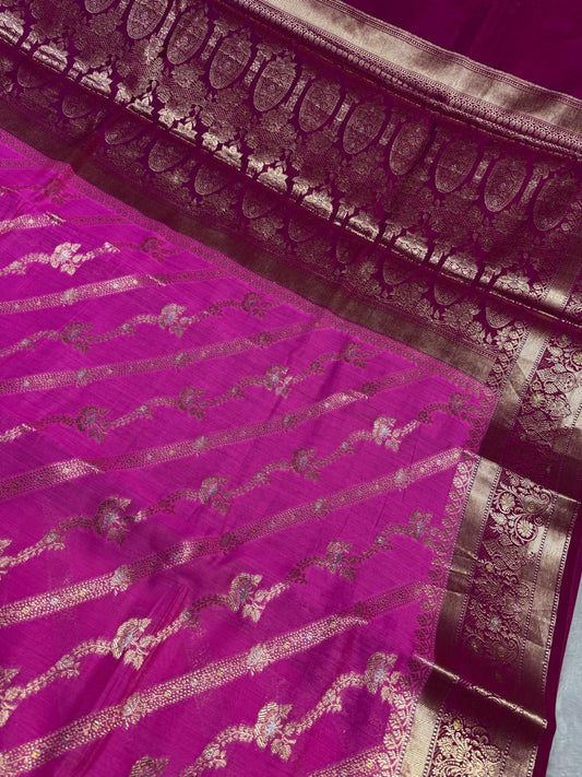 Vibrant Magenta & Wine Leheriya Banarasi Chiniya Silk Saree