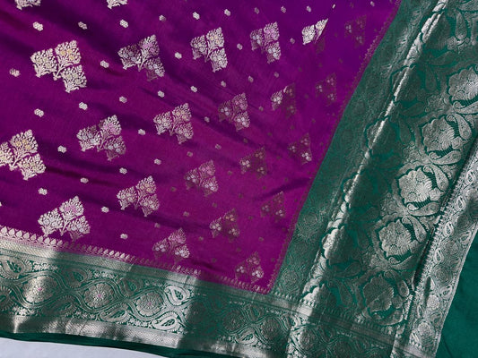 The Jewel-Toned Purple & Emerald Green Chiniya Silk Saree