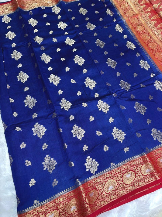 Royal Blue with Classic Red Border & Antique Gold Zari