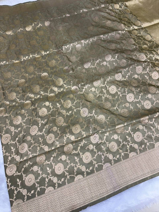 Handwoven Olive Green Katan Silk Banarasi Saree with Antique Zari Floral Jaal