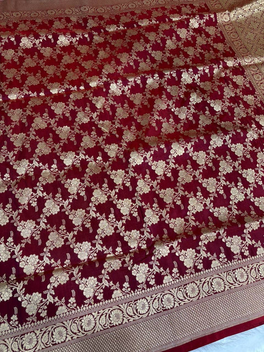 Pure Katan Silk Banarasi Saree in Deep Maroon with Full Jungla Floral Work
