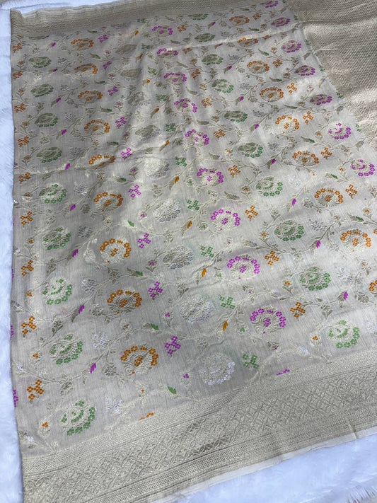 Antique Gold Munga Silk Banarasi Saree with Multicolor Meenakari Floral Jaal