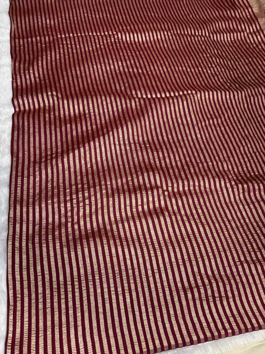 Maroon Munga Silk Saree with Copper Zari Stripes & Textured Metallic Pallu