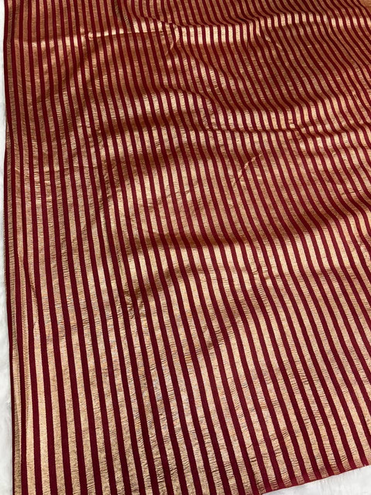 Terracotta Rust Munga Silk Saree with Antique Copper Stripes & Rippled Pallu