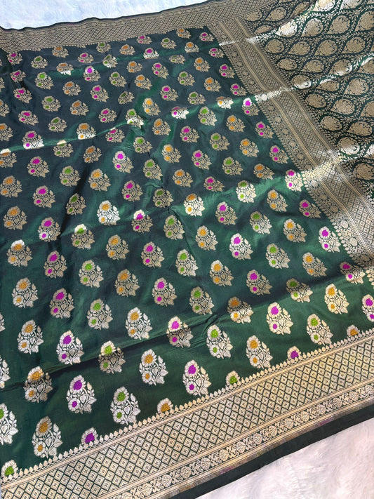 Regal Bottle Green Uphada Silk Saree with Meenakari Buta & Traditional Zari Border
