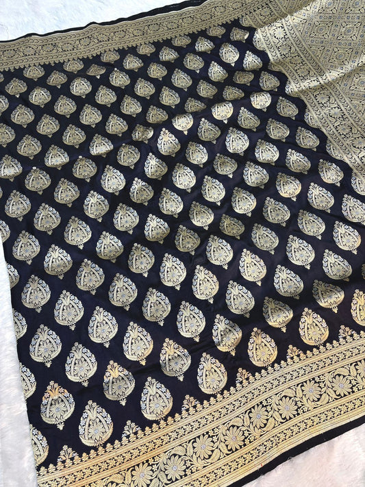 Midnight Black Handloom Uphada Silk Saree with Meenakari Paisley Butas