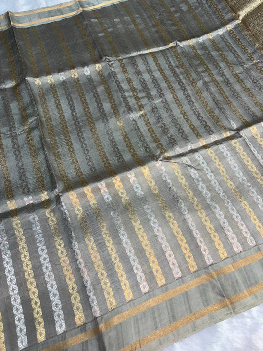 Raw Mango Steel Grey Handloom Silk Saree with Sona Rupa Zari Stripes and Minimalist Border
