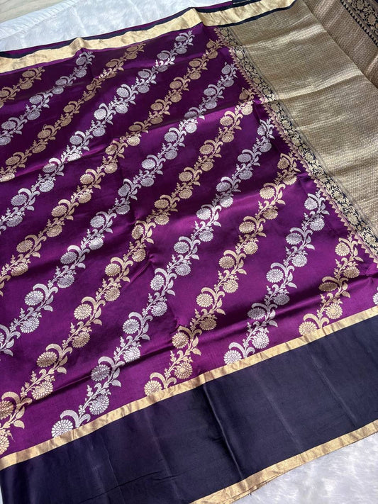 Raw Mango Plum Handloom Silk Saree with Sona Rupa Floral Belts and Contrast Navy Border