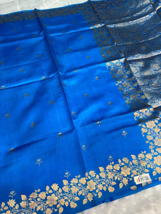 Raw Mango Azure Blue Handloom Silk Saree with Sona Rupa Floral Butis and Banarasi Rose Border