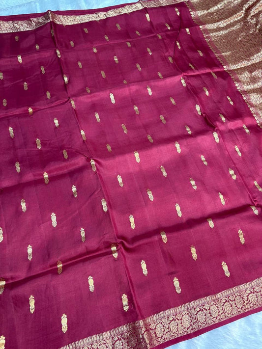 Raw Mango Maroon Handloom Silk Saree with Gold Zari Pine Butis and Banarasi Floral Border