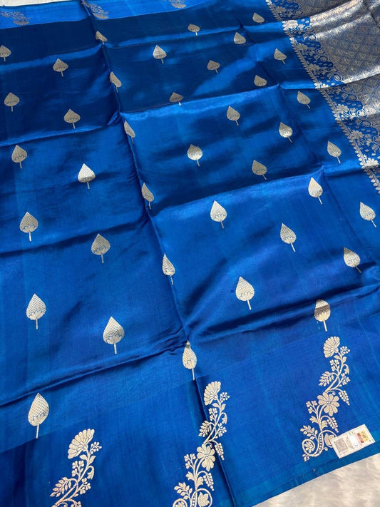 Raw Mango Royal Blue Handloom Silk Saree with Sona Rupa Leaf Butis and Floral Corner Motifs