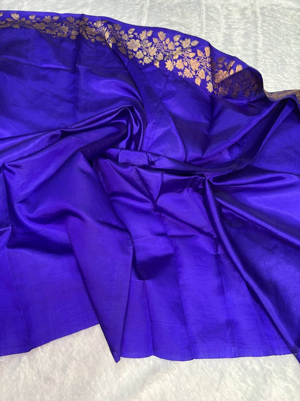 Raw Mango Ultramarine Blue Handloom Silk Saree with Gold Zari Butis and Banarasi Floral Vine Border
