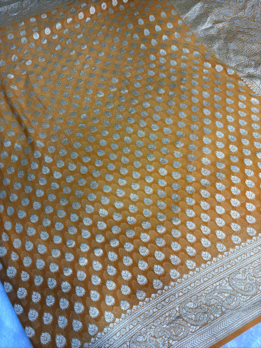 Mustard Gold Khaddi Georgette Banarasi Saree with Antique Zari Border