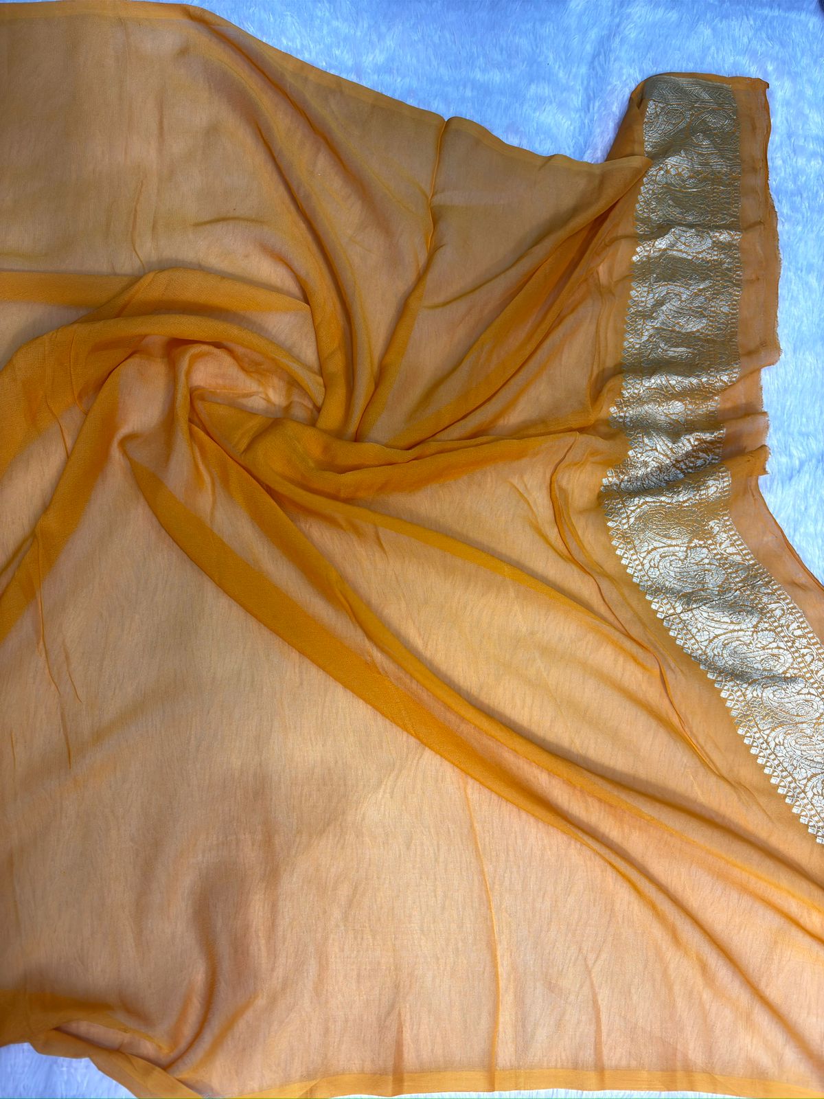 Mustard Gold Khaddi Georgette Banarasi Saree with Antique Zari Border