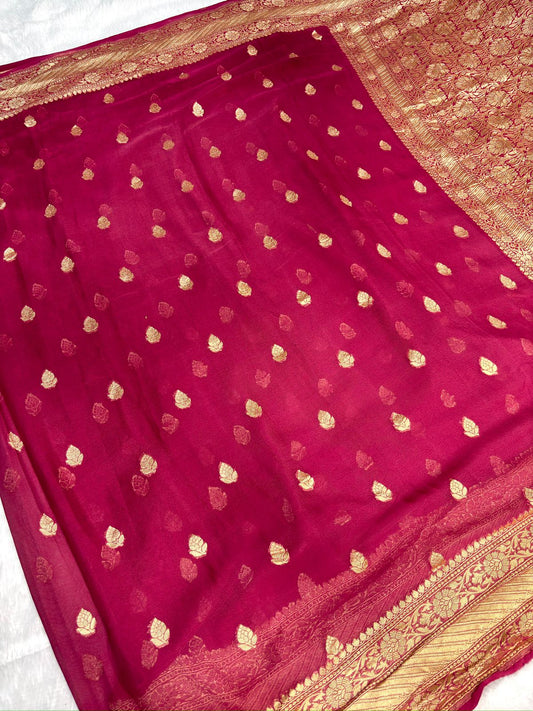 Rose Pink Khaddi Georgette Banarasi Saree with Antique Zari Booti & Rich Pallu