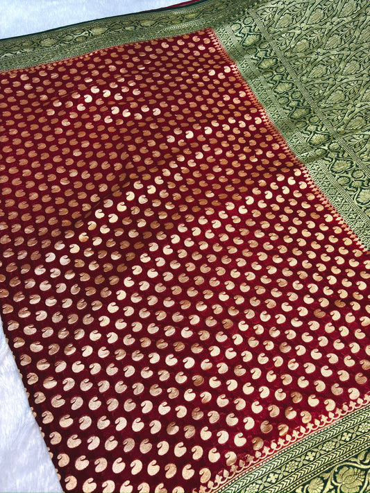 Mehendi Green & Crimson Red Khaddi Georgette Banarasi Saree with Antique Zari Buti