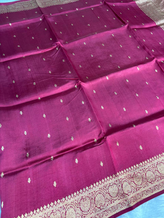 Raw Mango Magenta Handloom Silk Saree with Gold Zari Butis and Traditional Border