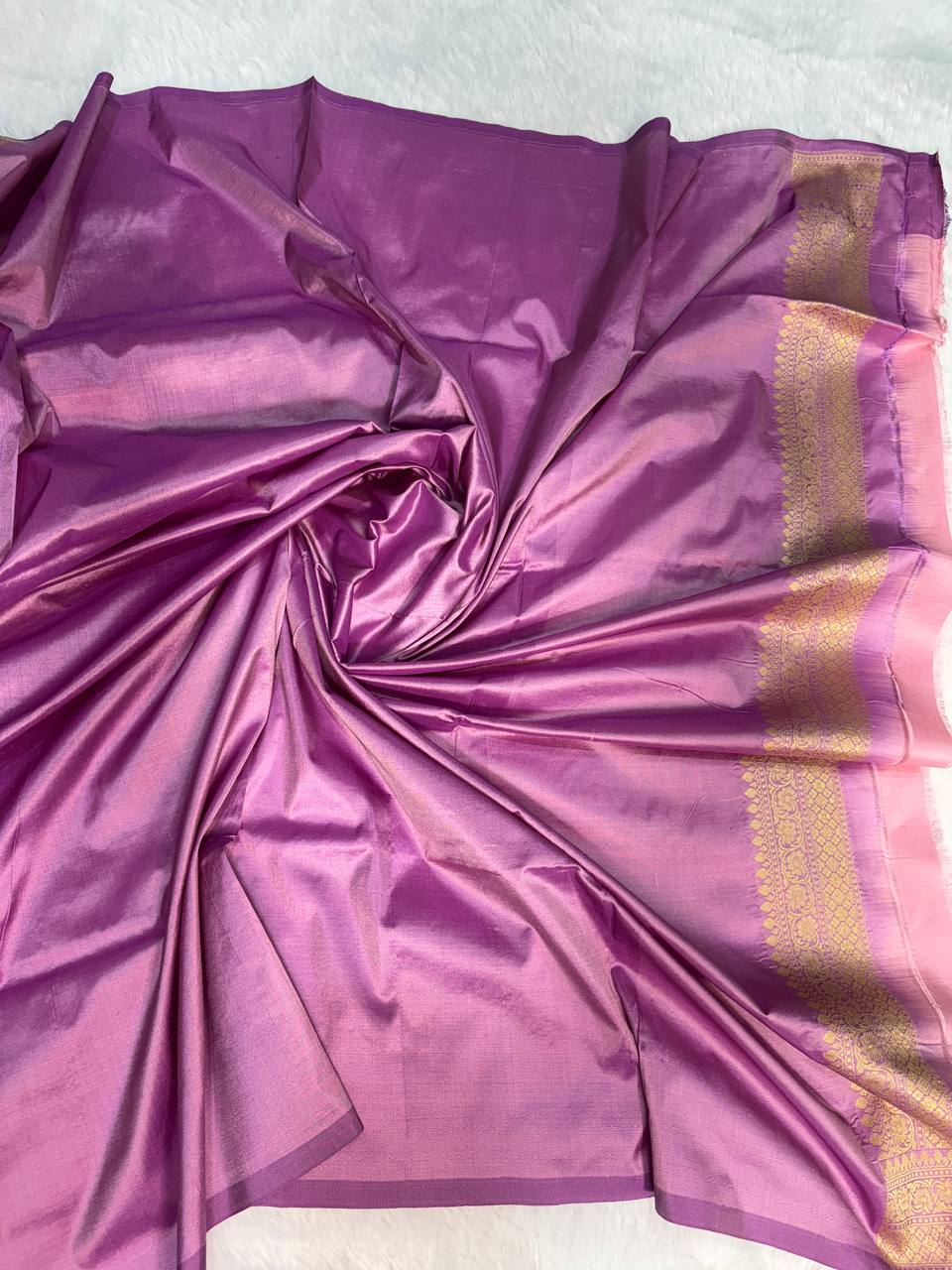 Onion Pink Banarasi Uppada Silk Saree with Gold Zari Buti & Contrast Purple Border