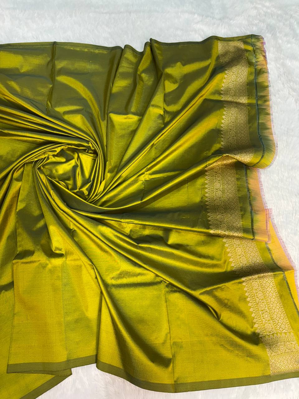 Bright Lemon Yellow Banarasi Uppada Silk Saree with Olive Green Contrast Border