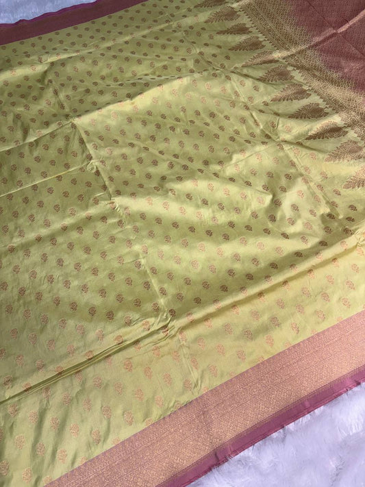 Pistachio Green Banarasi Uppada Silk Saree with Rose Pink Contrast Borde