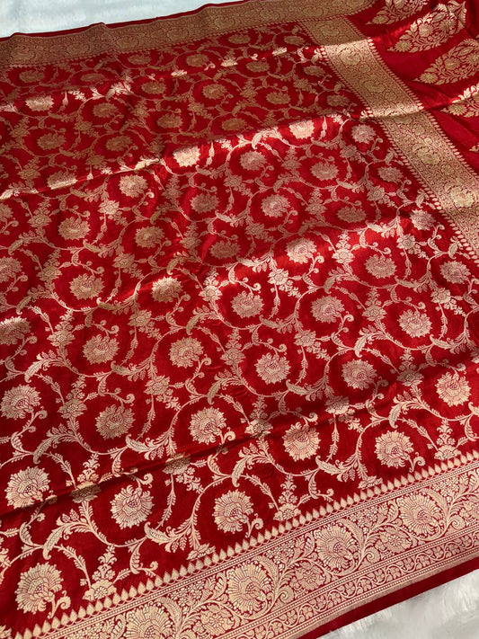Crimson Red Uppada Saree featuring All-over Rose Meenakari Jaal and Kalka Pallu