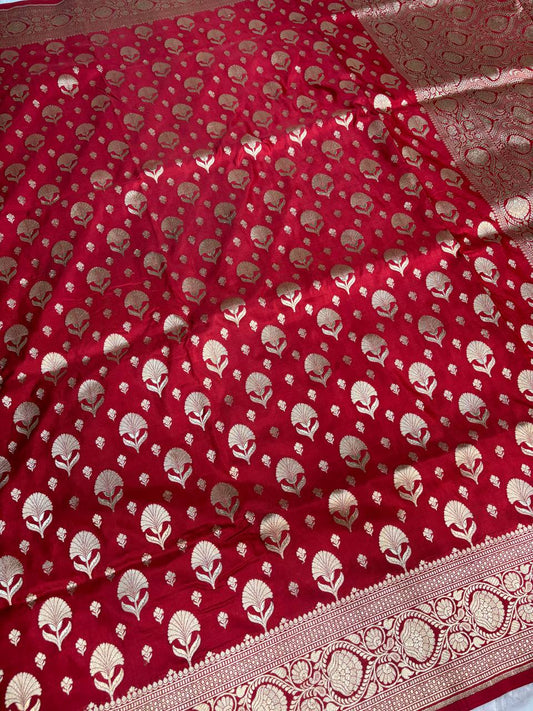 Classic Crimson Red Banarasi Uppada Silk Saree with All-over Fan Buti