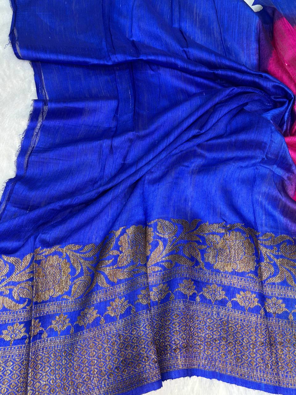 Exquisite Dual-Tone Handloom Tussar Silk Saree with Antique Zari Border and Floral Buttis
