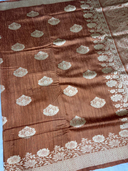 Earthy Copper Tussar Silk Saree with Antique Gold Zari Buttas & Floral Vines