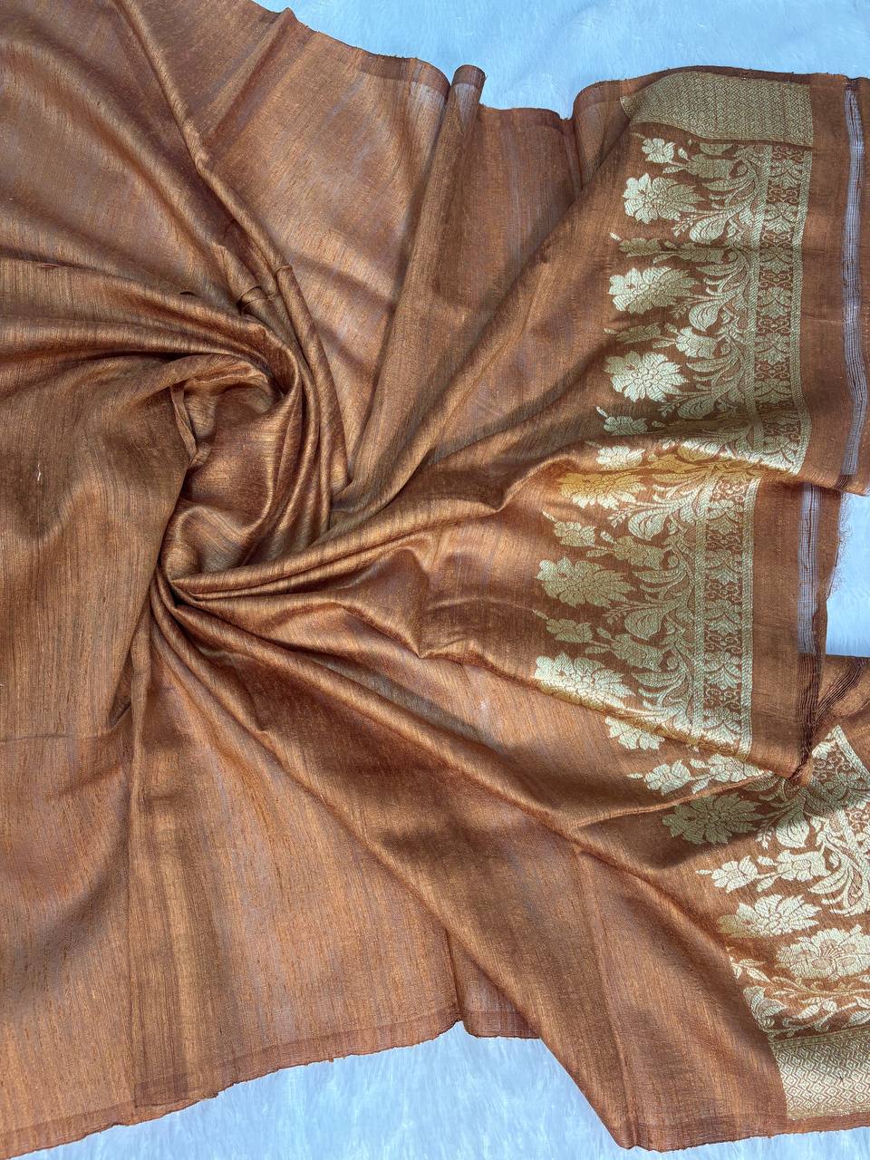 Earthy Copper Tussar Silk Saree with Antique Gold Zari Buttas & Floral Vines