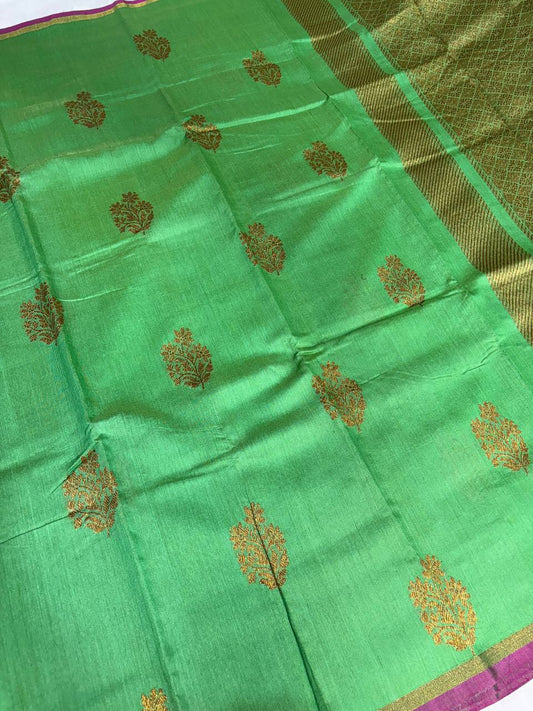 Leaf Green Tussar Silk Saree with Geometric Zari Jal & Magenta Selvedge