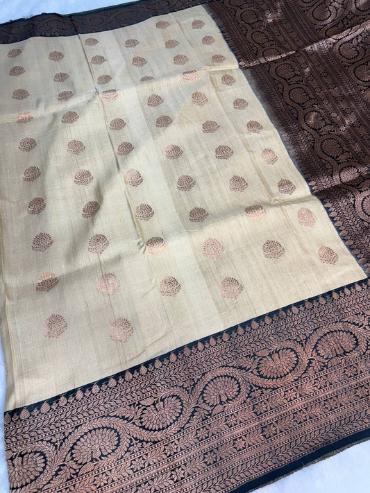 Cream Tussar Silk Saree with Contrast Black Banarasi Border & Copper Zari Work