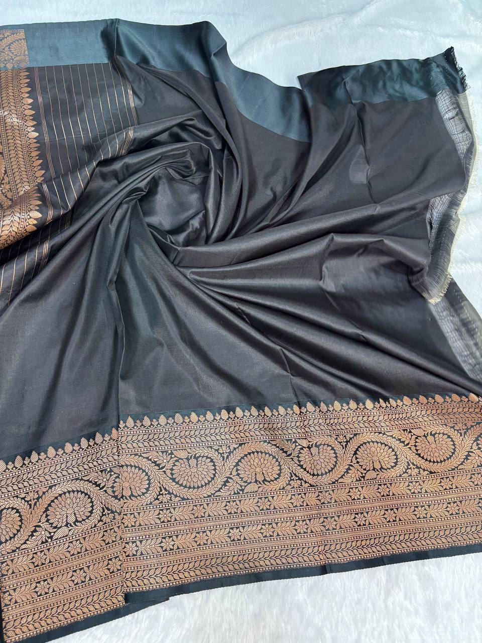 Cream Tussar Silk Saree with Contrast Black Banarasi Border & Copper Zari Work