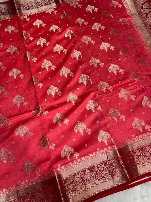 Regal Red Banarasi Chiniya Silk Saree with Antique Gold Zari Tree Motifs