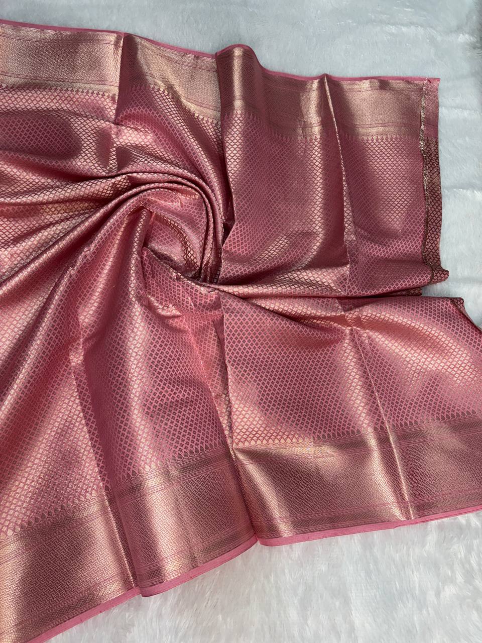 Charming Rose Pink Banarasi Chiniya Silk Saree with Antique Gold Zari Floral Jaal