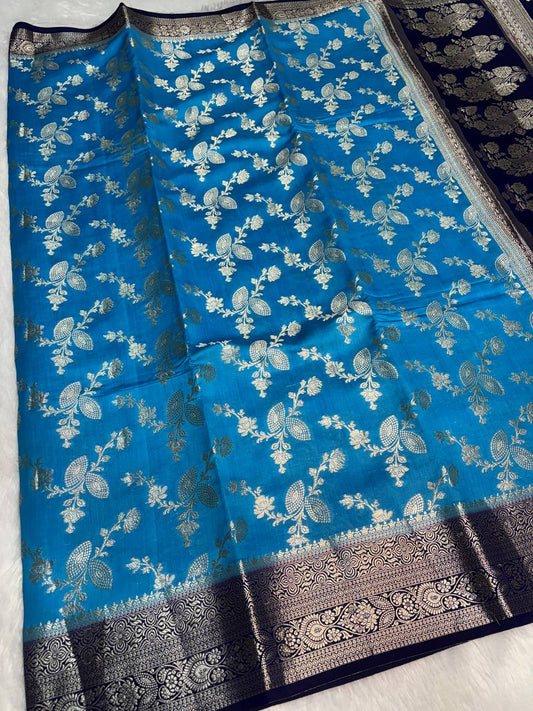 Stunning Firozi Blue & Navy Banarasi Chiniya Silk Saree with Floral Jaal Work