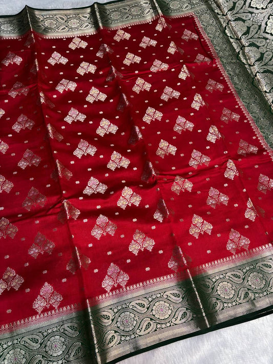 Classic Crimson Red & Bottle Green Banarasi Chiniya Silk Saree with Antique Gold Tree Motifs