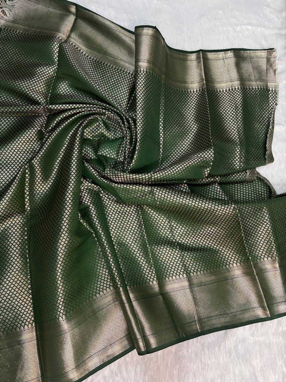 Classic Crimson Red & Bottle Green Banarasi Chiniya Silk Saree with Antique Gold Tree Motifs