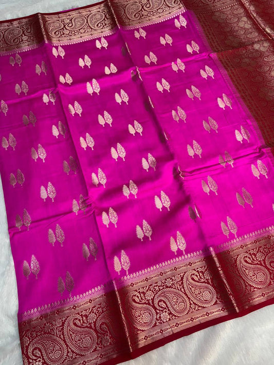 Vibrant Magenta & Crimson Red Banarasi Chiniya Silk Saree with Antique Gold Tree Motifs