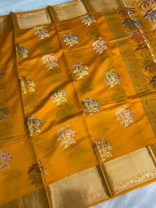 Radiant Mustard Yellow Banarasi Chiniya Silk Saree with Meenakari Floral Buta