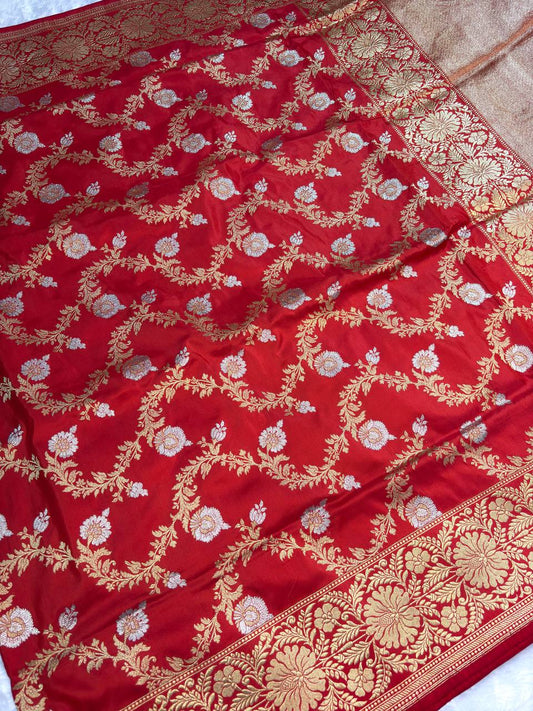 Bridal Red Pure Katan Silk Kadhua Jungla Banarasi Saree