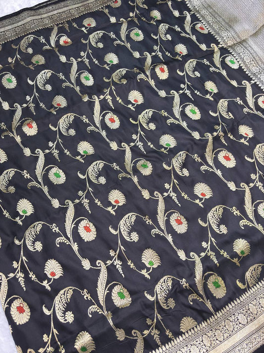 Grand Black Pure Katan Silk Kadhua Jungla Banarasi Saree