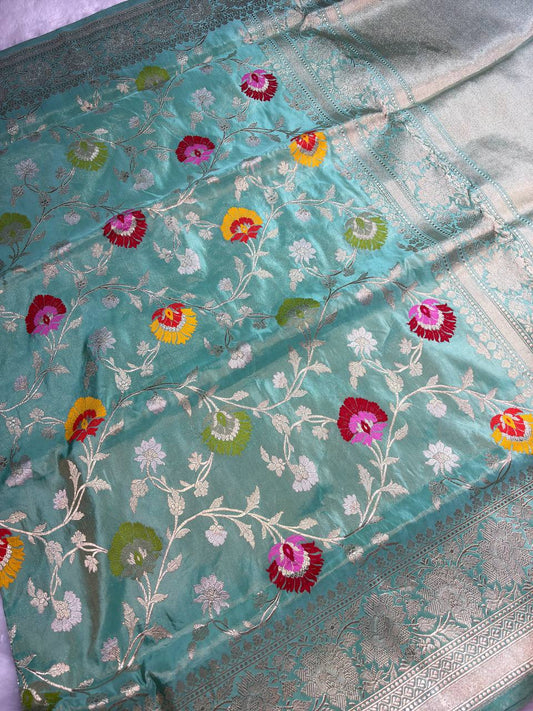 Refreshing Sea Green Pure Katan Silk Kadhua Jungla Banarasi Saree