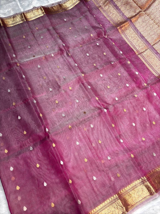 Magenta Pink Kora Tissue Banarasi Silk Saree with Kadhua Leaf Butis