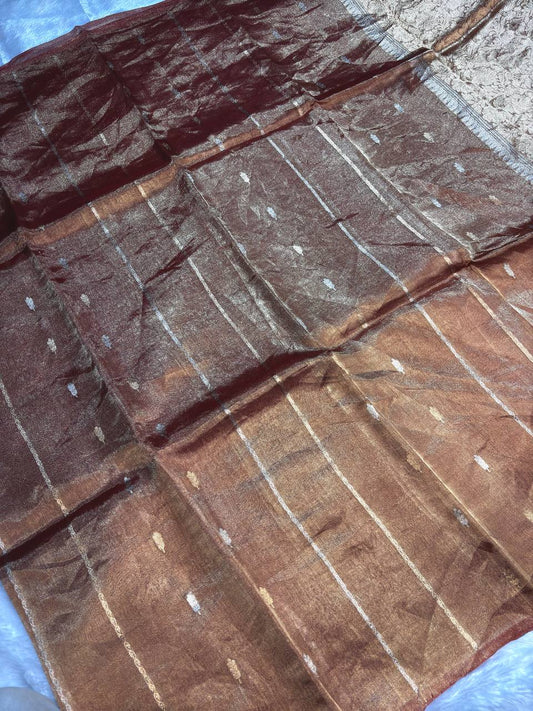 Coffee Copper Kora Tissue Banarasi Silk Saree with Kadhua Stripe & Raindrop Buti