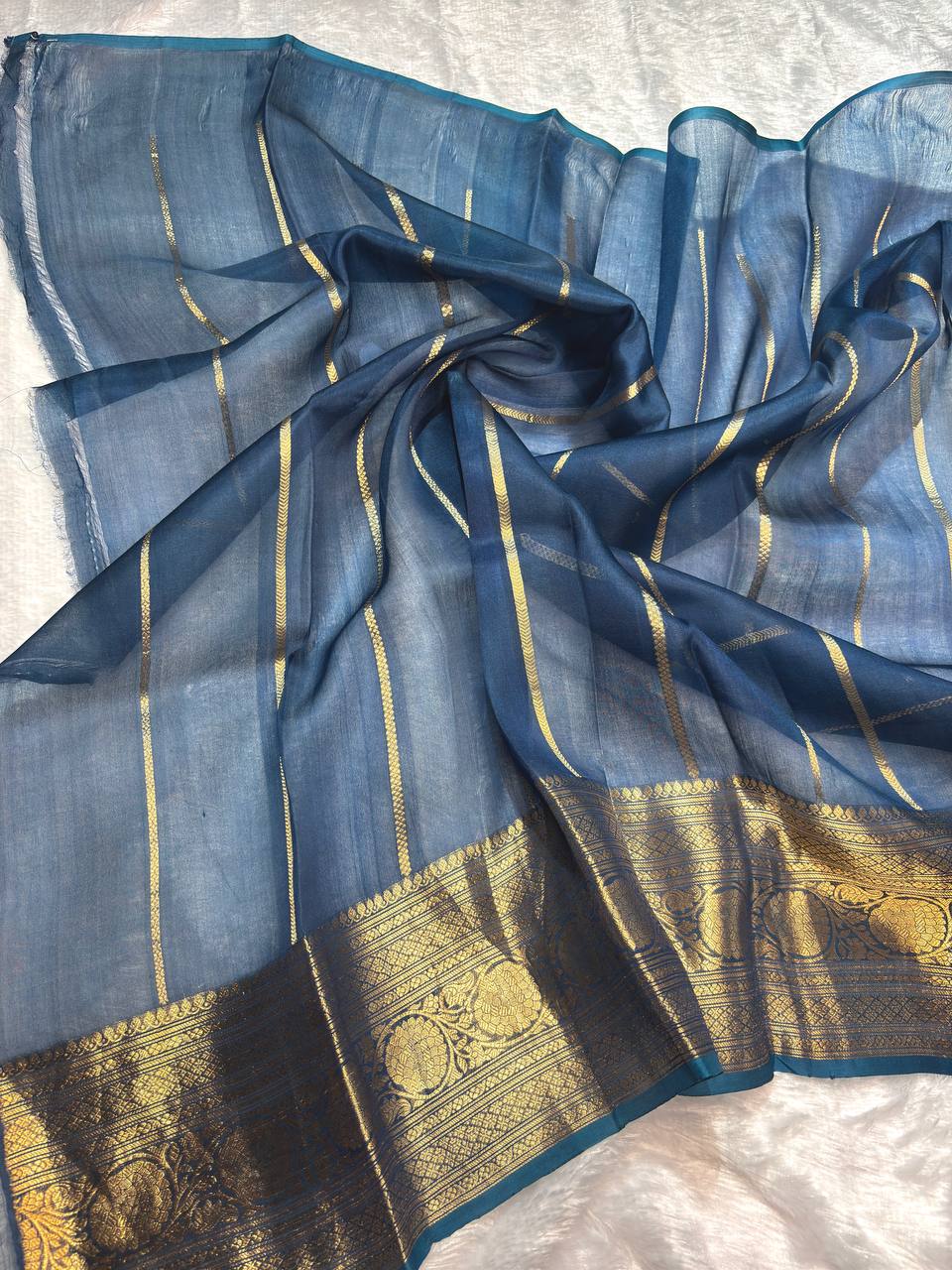 Midnight Teal Kora Tissue Banarasi Silk Saree with Kadhua Paisleys and Stripes
