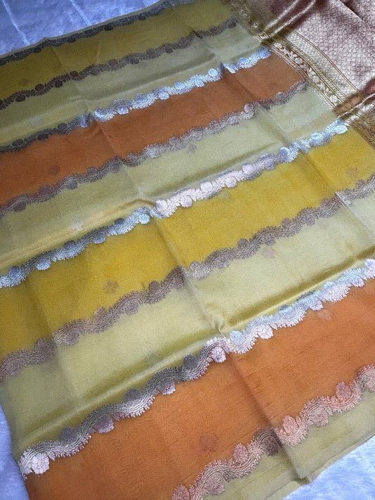 Kora Silk Rungkaat Saree with Scalloped Zari Borders