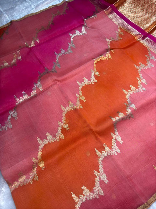 Rani Pink, Sunset Orange, and Peach Gradient Kora Silk Rungkaat Saree with Scalloped Zari Bel and Stripes