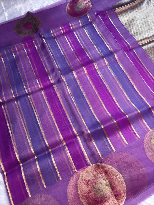 Royal Purple, Violet, and Lavender Gradient Kora Rungkaat Saree with Mandala Motifs and Kadhua Borders