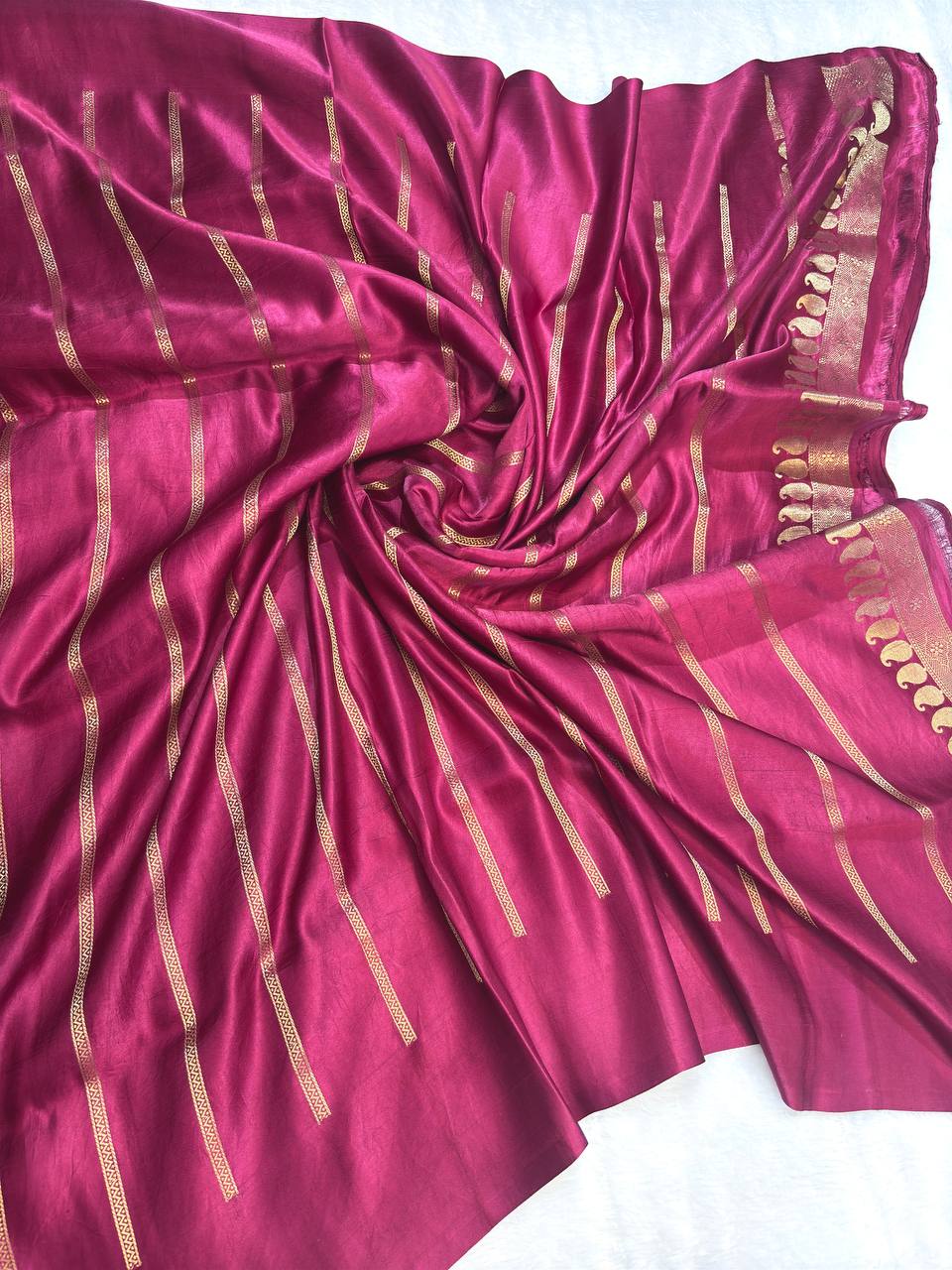 Royal Magenta Mashru Silk Saree with Antique Gold Zari Buta and Paisley Border