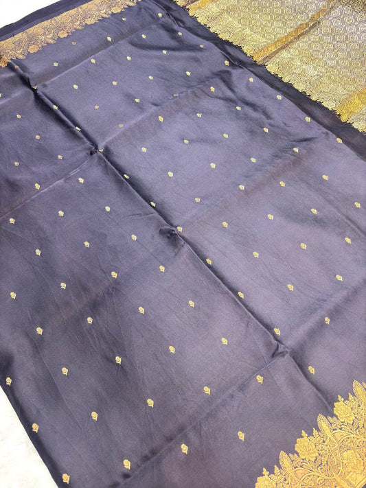 Midnight Navy Mashru Silk Saree with Floral Vine Border and Antique Zari Buti